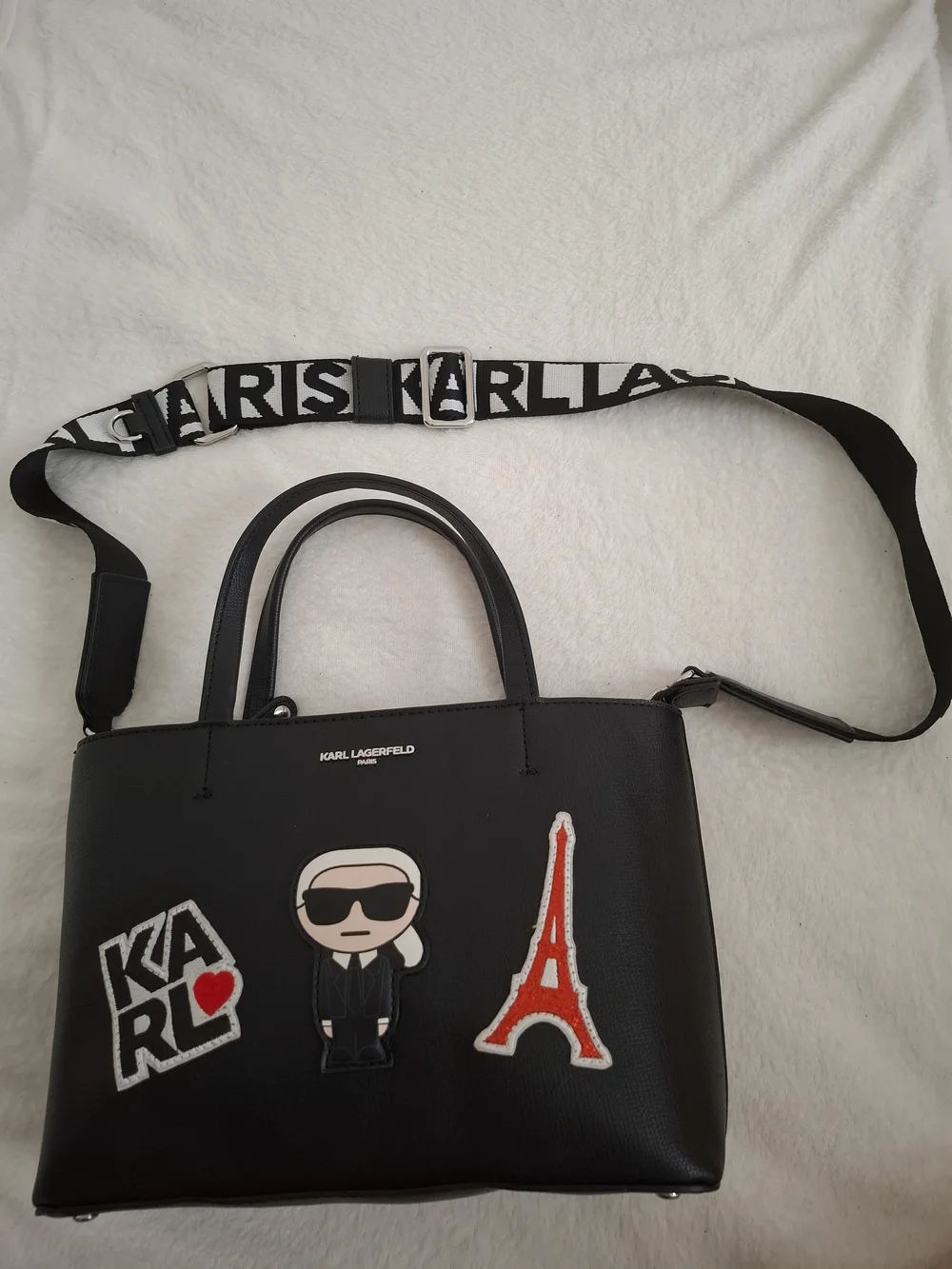Karl Lagerfeld Black Patch-Accent Messenger Tote with Logo Strap